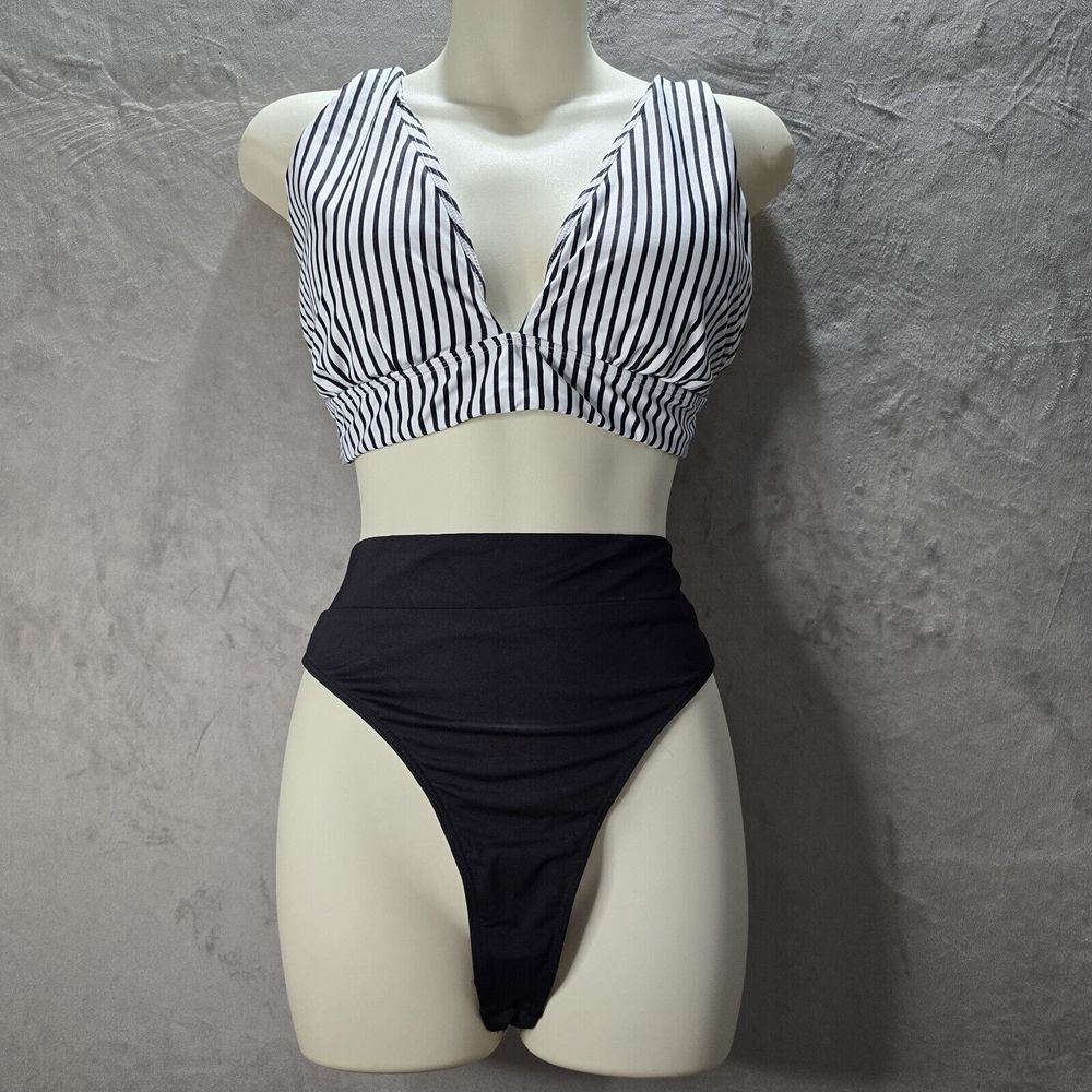 Yonique Swimsuit Bikini Set Size‎ XL White Black Striped Triangle Cheeky